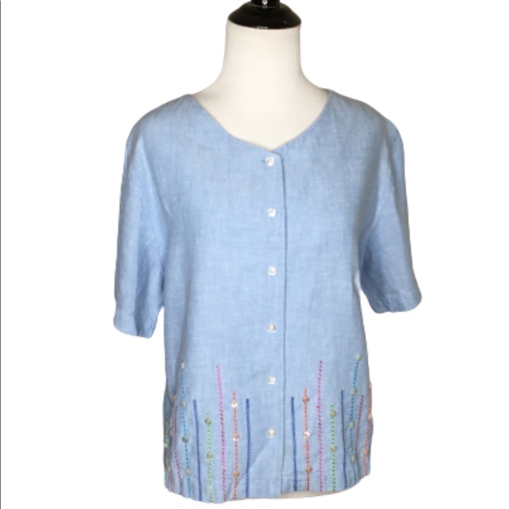 Vintage Bechamel Blue Linen Buttons Embroidery Shirt Medium Top